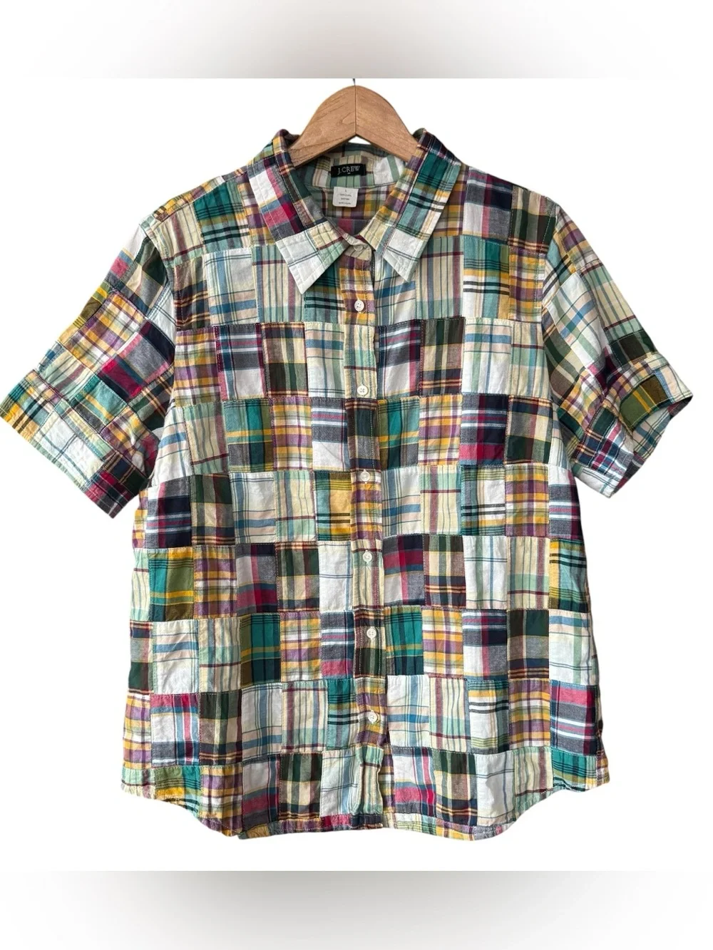 J Crew Patchwork Madras Plaid Button Front Shirt Short Sleeve Size Large